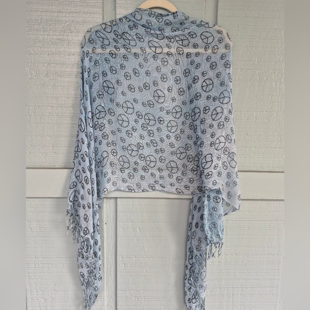 Peace Sign Light Blue Shawl, Long Scarf, or Wrap O/S Boho Hippie - Picture 3 of 6